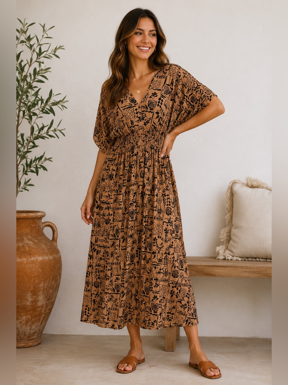 Easel NWT Bohemian Tan Printed Maxi Dress with Elastic Waist